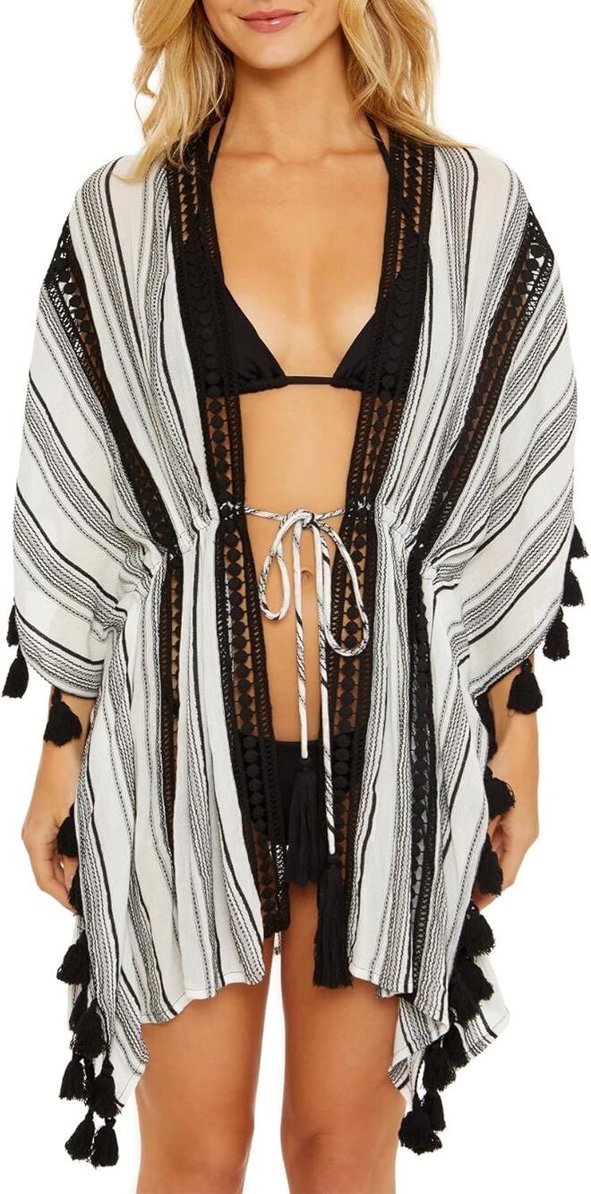 Soluna Swim Black White Striped Tassel Trim Kimono Beach Coverup Size Large